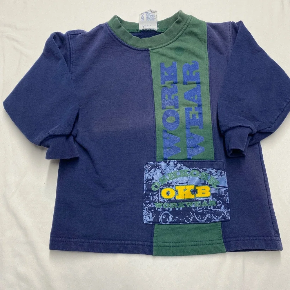 Vintage OshKosh Bgosh Kids 3T Sweatshirt Navy Green Workwear Train Made in USA